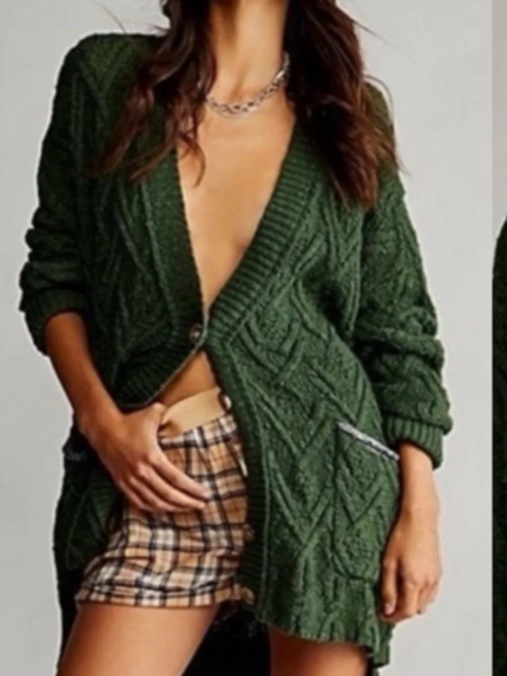 Free People Montana Cable Knit Cardigan Green Oversized XS